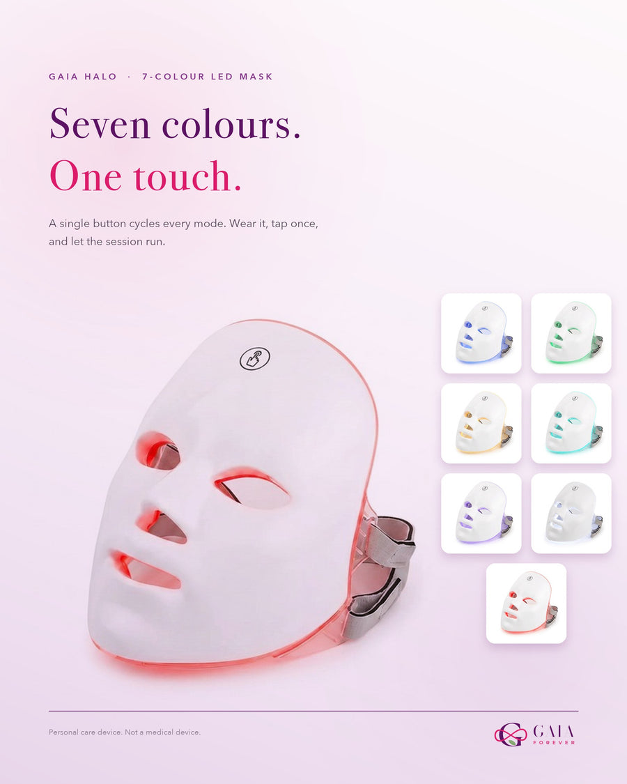 Seven light colours available on the GAIA HALO LED mask