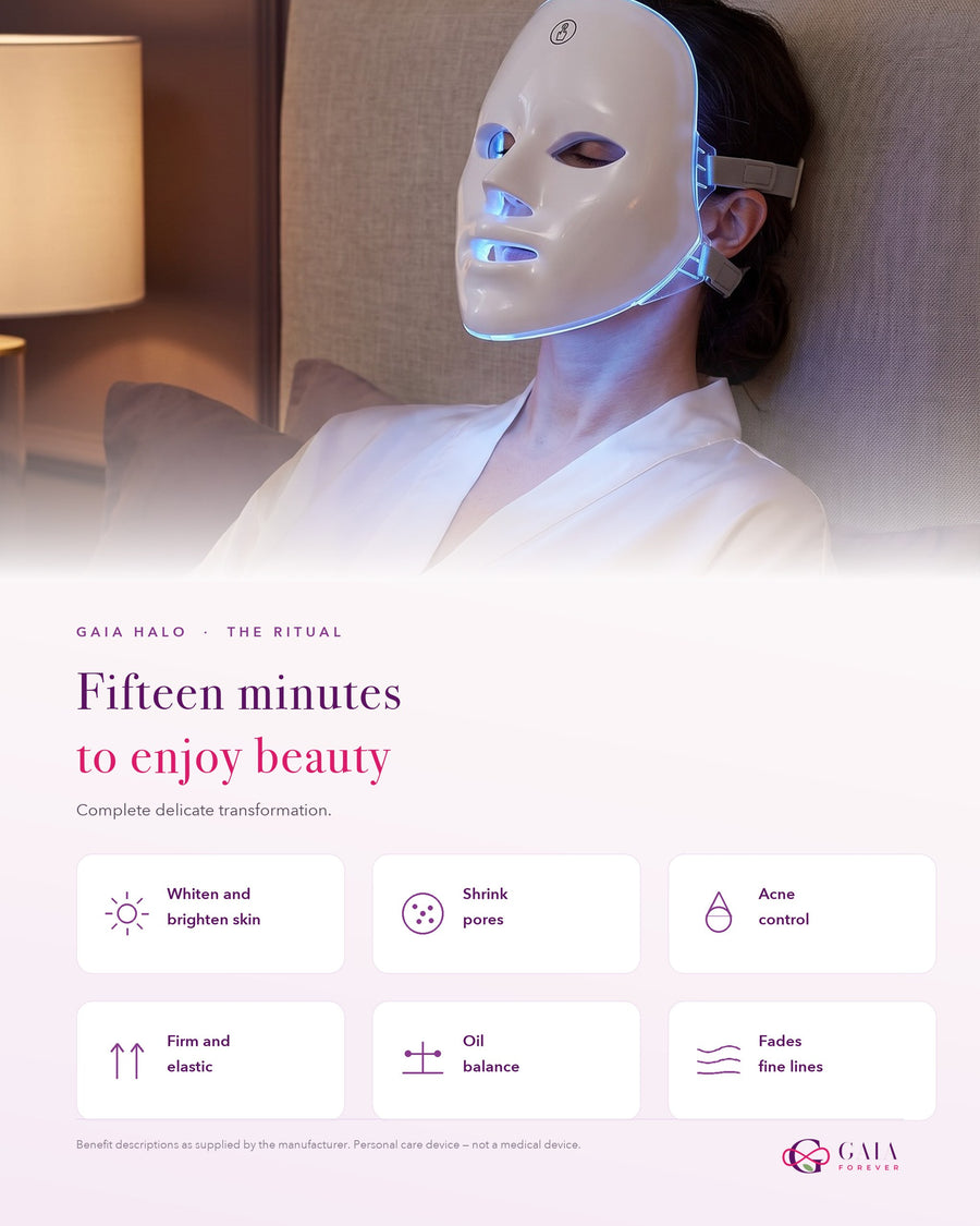 Fifteen minute session and the six benefits of the GAIA HALO LED mask