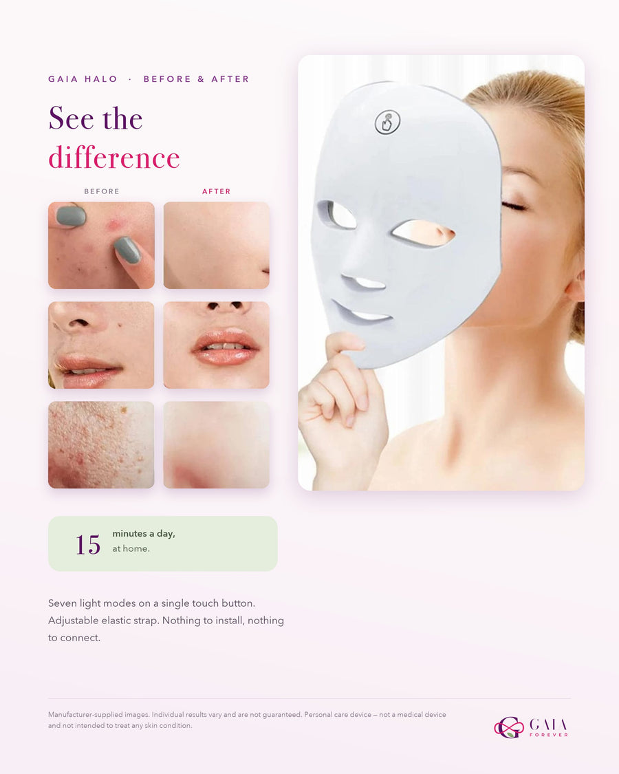 Before and after comparison images with the GAIA HALO LED mask